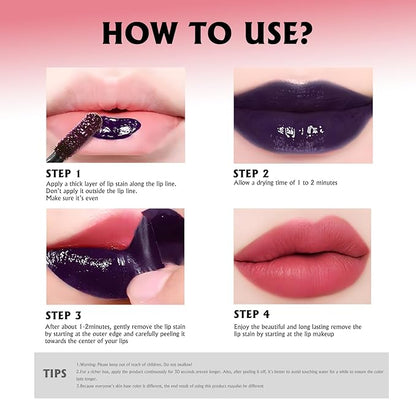 Peel Off Lip Stain, Hot Pink Lip Stain Peel Off Long Lasting Waterproof Lip Tint Stain Peel Off Matte Finish Pigmented Lip Liner Stain Tattoo Color Non-Stick Cup Liquid Lip Gloss Makeup