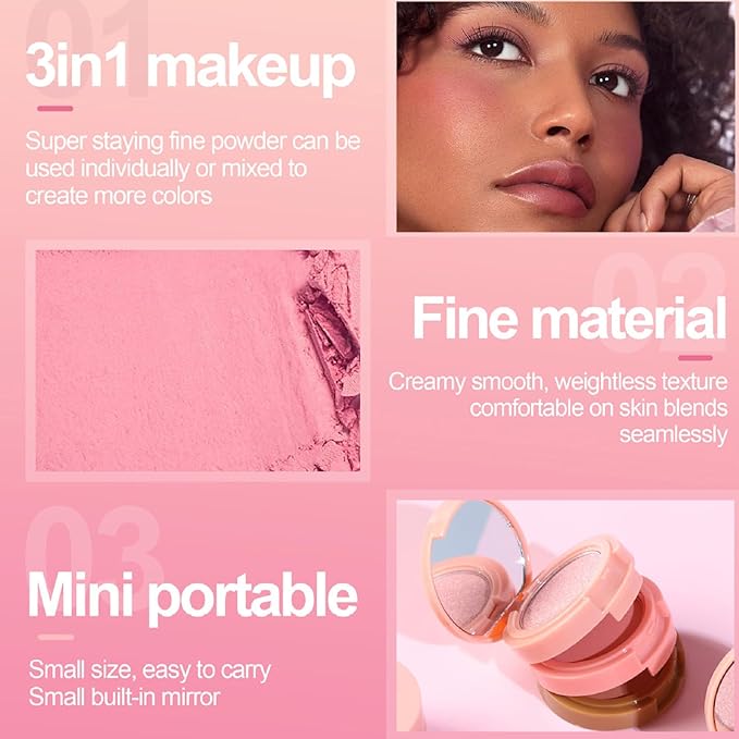3-in-1 Blendable Trio, Contour and Highlight Blush Makeup Palette, Cream Bronzer, Silky Smooth Powder Blush, Shimmer Highlighter Makeup Powder, Travel-Friendly Stackable Make Up Kit with Mirror(01)