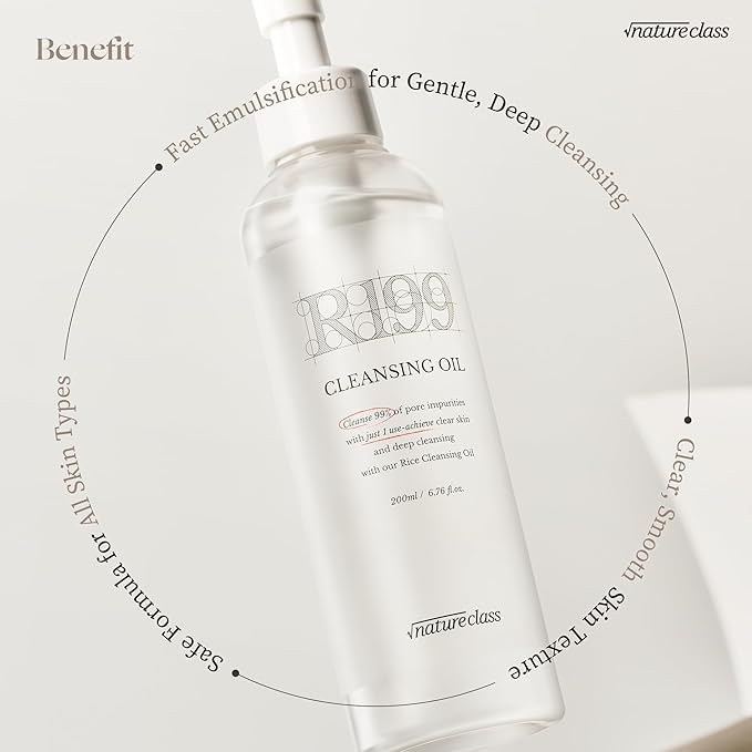 NATURECLASS] R199 Rice Cleansing Oil- Fast Emulsification, Pore-Cleansing, Blackhead Removal without Clogging Pores, Makeup Dissolving, and Hydrating Formula, Korean Skincare 6.76 Fl Oz