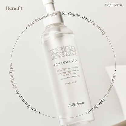 NATURECLASS] R199 Rice Cleansing Oil- Fast Emulsification, Pore-Cleansing, Blackhead Removal without Clogging Pores, Makeup Dissolving, and Hydrating Formula, Korean Skincare 6.76 Fl Oz