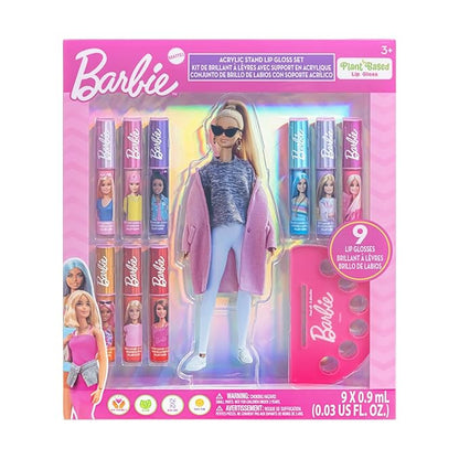 Townley Girl Barbie Lip Gloss with Acrylic Stand for Storage and Display, Plant Based Lip Gloss, Perfect for Parties, Sleepovers, Makeovers, Birthday Gift for Girls, Age 3