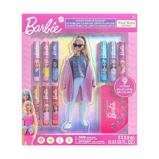 Townley Girl Barbie Lip Gloss with Acrylic Stand for Storage and Display, Plant Based Lip Gloss, Perfect for Parties, Sleepovers, Makeovers, Birthday Gift for Girls, Age 3