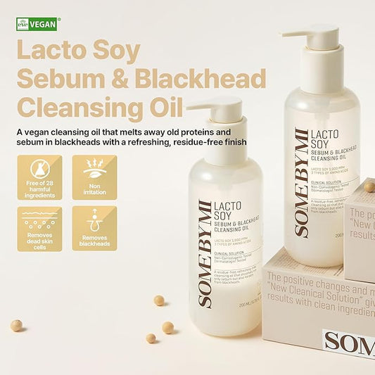 SOME BY MI Lacto Soy Sebum & Blackhead Cleansing Oil - 6.76Oz, 200ml - Daily Vegan Makeup-Removing Korean Oil Cleanser for All Skin Types - Deeply Cleanses Pore-Clogging Impurities - Korean Skin Care