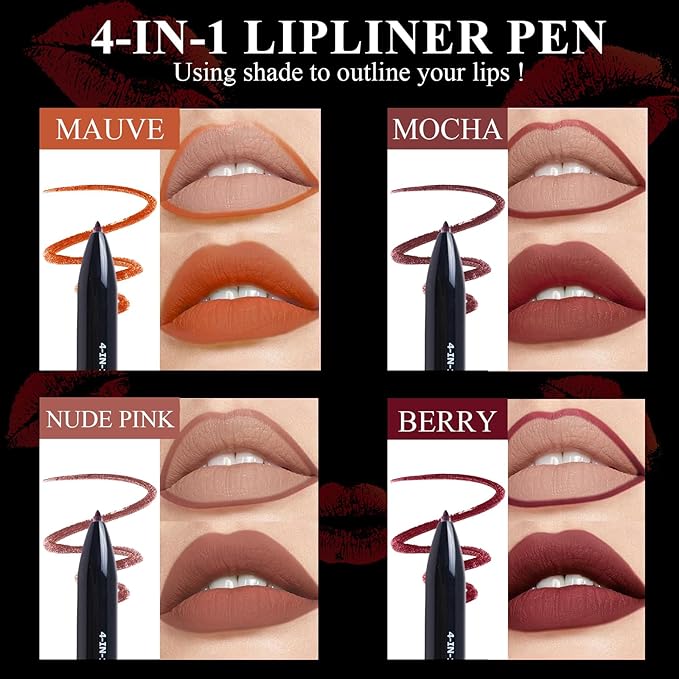 4 in 1 Makeup Pen, 2 PCS, Eye Liner, Brow Liner, Lip Liner, Highlighter Pen, Smooth to Glide, All in One Waterproof Long-Lasting Multi-function Beauty Pencil, Facial Lip Liner Makeup Pencil