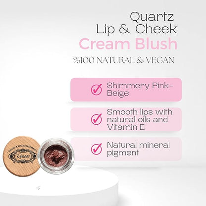 2-in-1 Cream Cheek Blush + Lip Color | Natural Mineral pigment | Soft Lips with natural oils and Vitamin E | 100% Plant ingredients, Vegan (Pink-Beige/Shimmery-Quartz, 0.25fl oz)