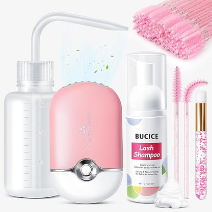 Premium Lash Shampoo and Cleanser Kit with Lash Fan, 60ml Eyelash Foam Cleanser, Facial Cleansing Brush, Eyelash Brush and Wash Bottle for Eyelash Extensions - Effective Eyelash Cleaning Solution