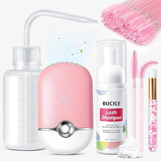 Premium Lash Shampoo and Cleanser Kit with Lash Fan, 60ml Eyelash Foam Cleanser, Facial Cleansing Brush, Eyelash Brush and Wash Bottle for Eyelash Extensions - Effective Eyelash Cleaning Solution