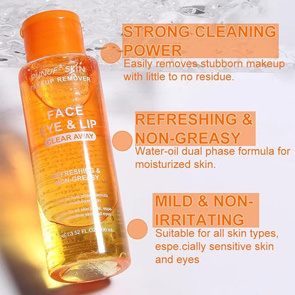 Oil-Free Dual Phase Makeup Remover – Gentle on Sensitive Eyes, Removes Waterproof Makeup | Moisturizing 3-in-1 Formula (100ml ORANGE)