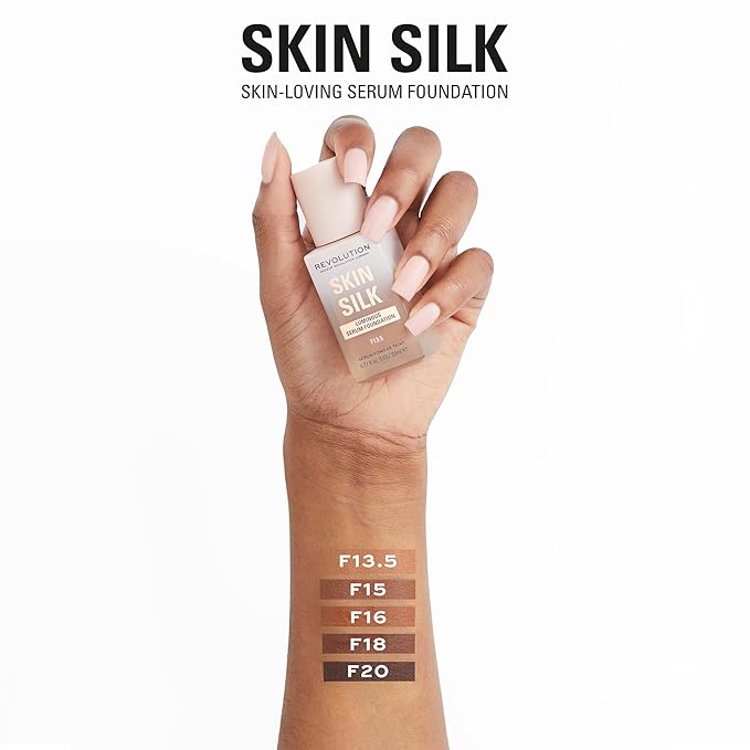 Revolution, Skin Silk Serum Foundation, Light to Medium Coverage, Lightweight & Radiant Finish, Contains Hyaluronic Acid, F16 Deep Skin Tones, 0.77 fl oz
