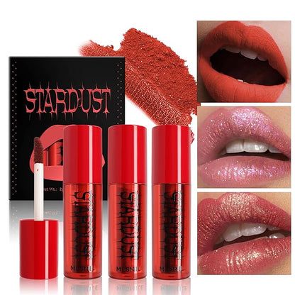 3 Colors Melting Lip Powder Lipstick Velvet Liquid Glitter Lip Gloss Halloween Makeup Kit for Women Long Lasting Highly Pigmented Multi-Purpose Lips Eyes & Cheeks Tint Goth Cosplay (A#,S)