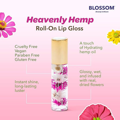 Blossom Roll on Lip Gloss, Scented Clear High Shine Moisturizing Lip Oil, Non Sticky, Infused with Real Flowers, Made in USA, 0.2oz, Strawberry Hemp