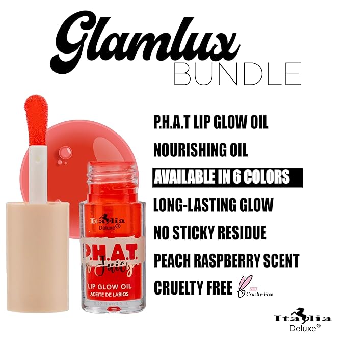 Beauty Bundle Italia Deluxe Phat n' Juicy Lip Glow Oil Plump and Pout Lip Gloss Oil, Long lasting Glow, Scented, Non Sticky Cruelty Free Vegan, Moisturizing & Nourishing Fat Lip Oil