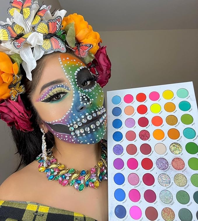 La Catrina 54 Color Pro Eyeshadow Palette Glow in Dark- Glitter, Shimmer, Matte & Multichrome Eye Shadow, Long Lasting Neon Blacklight Makeup Pallet for Halloween, Party, Costume Makeup, Cruelty-Free