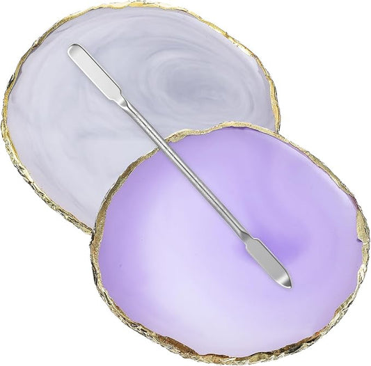 2 PCS Resin Nail Art Palette, Art Painting Gel Palette Gold Edge Color Makeup Display Board Gold Edge Nail Holder With1 Color Stick, Cosmetic Mixing Tools, Purple and Gray