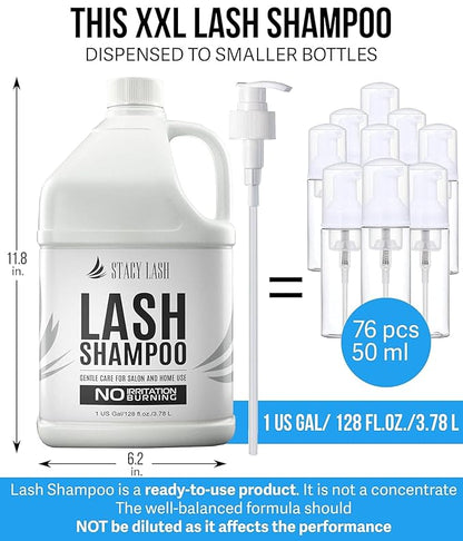 STACY LASH Eyelash Extension Shampoo 1US Gal / 128 fl.oz. / 3.78L / Eyelid Foaming Cleanser/Safe Wash for Extensions & Natural Lashes/Supplies for Professional & Home Use / 50 Aftercare Cards