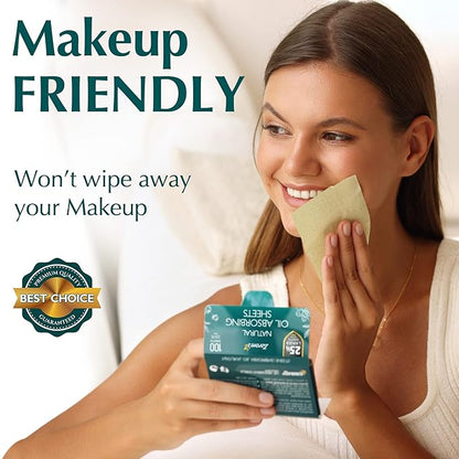 Natural Green Tea Oil Blotting Sheets - 25% Larger (4.7x3") - 600 Makeup Friendly Papers for Face - Easy Dispensing Oil Absorbing Sheets