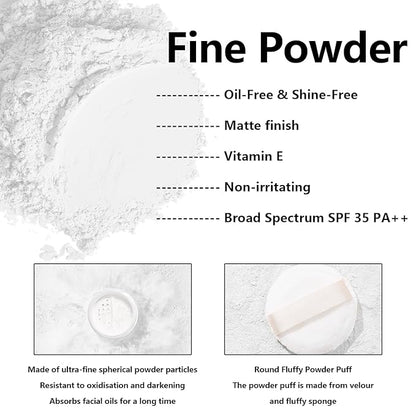 Sunscreen Setting Powder SPF 35, Translucent Face Loose Powder for Face & Scalp, Oil Control Mineral Powder Natural Matte Finish Sheer Coverage Lasting Lightweight Breathable (03 White)