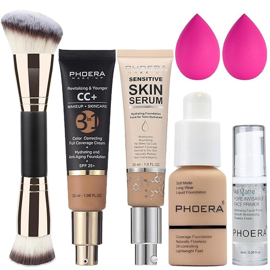 PHOERA Foundation Full Coverage,PHOERA CC+ Cream,2024 New PHOERA Foundation Makeup for Mature Skin, Wrinkles Matte Natural Finish,Primer (104+140CC+N03/ Buff Beige)