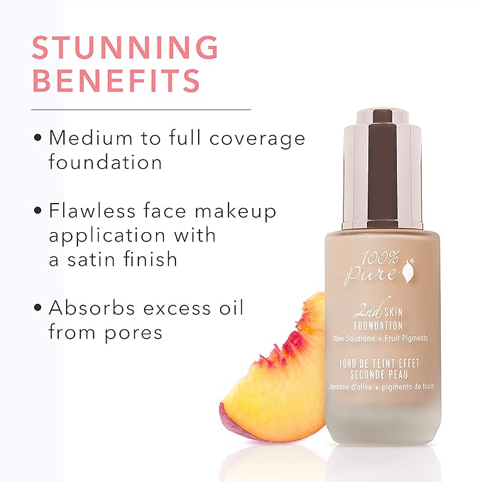 100% PURE 2nd Skin Foundation, Shade 4, Full Coverage, Lightweight, Blendable Formula, Satin Finish, Absorbs Oil, Anti-Aging, Natural, Vegan Makeup (Warm w/Olive Undertone) - 1.18 Fl Oz