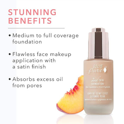 100% PURE 2nd Skin Foundation, Shade 4, Full Coverage, Lightweight, Blendable Formula, Satin Finish, Absorbs Oil, Anti-Aging, Natural, Vegan Makeup (Warm w/Olive Undertone) - 1.18 Fl Oz