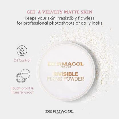Dermacol - Invisible Fixing Face Powder, Touch-proof Translucent Setting Powder for Oily Skin & Other Skin Types, Loose Powder Makeup, Frangrance-Free Matte Powder with Powder Puff, White, 13.5 g