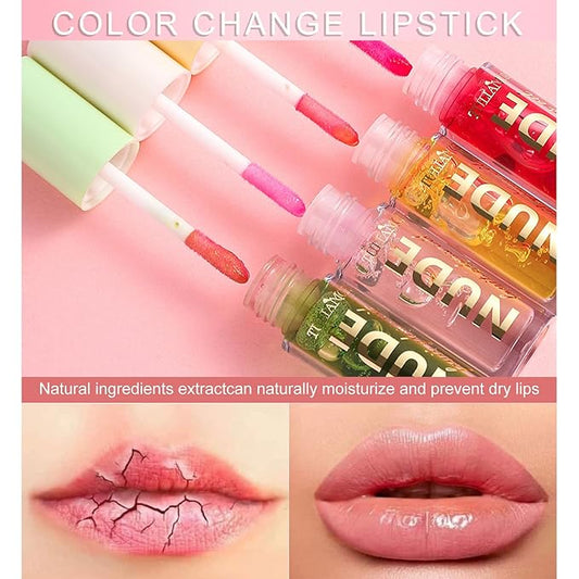4 Pcs Fruit Color Changing Lip Gloss Lipstick Set,Temperature Color Changing Lip Oil Tinted Lip Stain Lip Balm, Long Lasting Moisturizing Lip Glow Oil for Lip Care, Coconut Strawberry Orange Apple