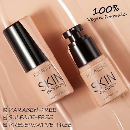 FOCALLURE 2 Pcs Liquid Foundation, Skin Evolution Foundation + Concealer, Full Coverage Foundation Makeup, Durable, Waterproof, Oil-Control, Hides Wrinkles & Lines, Natural