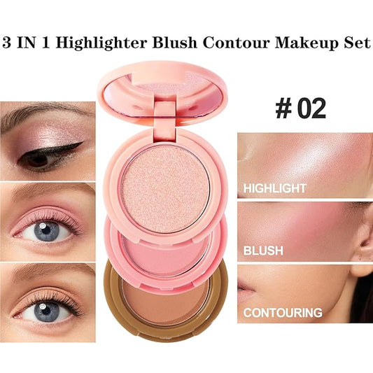 3-in-1 Blendable Trio, Contour and Highlight Blush Makeup Palette, Cream Bronzer, Silky Smooth Powder Blush, Shimmer Highlighter Makeup Powder, Travel-Friendly Stackable Make Up Kit with Mirror(02)