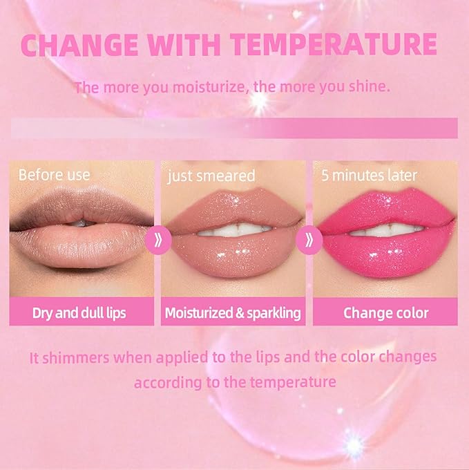 Cosmetics Color Changing Lip Oil, Magic Big Brush Color Changing Lip Oil,Plumping Lip Gloss Hydrating Lip Care Non-sticky Big Brush Head Korean Lip Tint Primer Glitter Shine Lipgloss (GLITTER)