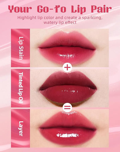 Tinted Lip Oil & Lip Stain Set, Korean Makeup, Smudge-Proof,Long-Wearing, 2-in-1 Cheek and Lip Tint with Moisturizing, High-Shine, Lightweight & Non-Sticky for Dry Lips, Cruelty-Free & Vegan
