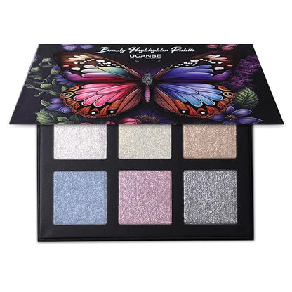 UCANBE Beauty Highlighter Makeup Palette - 6 Colors Shimmery Powder Makeup Palette Pearl White Blonde Blue Purple Silver Face Illuminator Palette Smooth Long Lasting Waterproof Blush Bronzer Kit