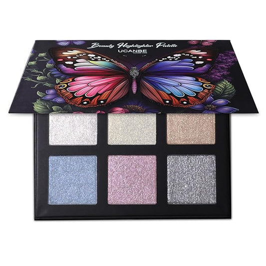 UCANBE Beauty Highlighter Makeup Palette - 6 Colors Shimmery Powder Makeup Palette Pearl White Blonde Blue Purple Silver Face Illuminator Palette Smooth Long Lasting Waterproof Blush Bronzer Kit