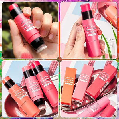Cream Blush Stick for Cheeks - 2 in 1 Multi Makeup Blush with Brush for Cheeks Tint & Eyes & Lips, Waterproof Smooth Creme Texture, Long-lasting Wear All Day, #02 Rose Red
