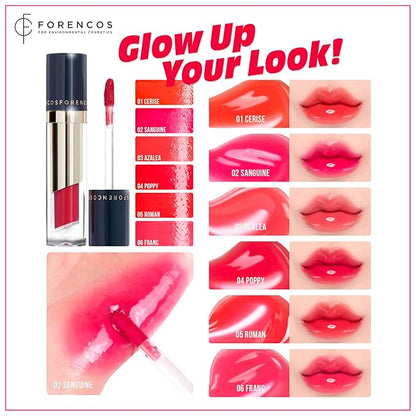 FORENCOS Tattoo Glass Lip Gloss Tint, Korean Glossy Tint/Stain, High Pigmentation, Glasting Shine, Long Lasting, Moisturizing, Lightweight, Non-Sticky Formula (01 Cerise)