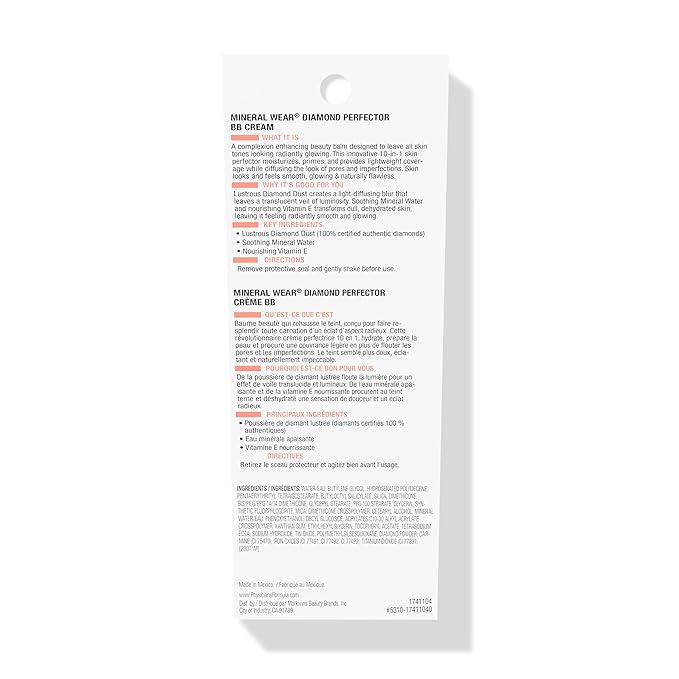 Physicians Formula Mineral Wear®Diamond Perfector BB Cream, 10 in 1 Skin Perfecting Beauty Balm, Lightweight & Luminous Finish - Light to Medium