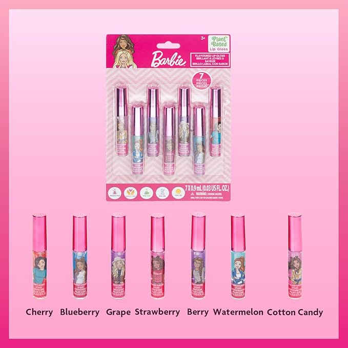 Barbie 7 Piece Plant Based Lip Gloss, Girls Party Favors, First Makeup Set for Girl, Perfect for Parties, Sleepovers, and Birthday Gifts, Ages 3+, by Townley Girl
