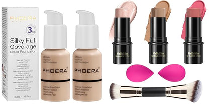 PHOERA Foundation, PHOERA Matte Liquid Foundation,PHOERA Makeup for Women,3 Pcs Cream Contour Stick Makeup Kit, Shades with Highlighter Stick, Blush Stick and Bronzer Contour Stick