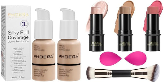 PHOERA Foundation, PHOERA Matte Liquid Foundation,PHOERA Makeup for Women,3 Pcs Cream Contour Stick Makeup Kit, Shades with Highlighter Stick, Blush Stick and Bronzer Contour Stick