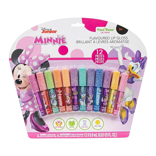 Disney Minnie Mouse 12 Piece Plant Based Lip Gloss, Girls Party Favors, First Makeup Set for Girl, Perfect for Parties, Sleepovers, and Birthday Gifts, Ages 3+, by Townley Girl
