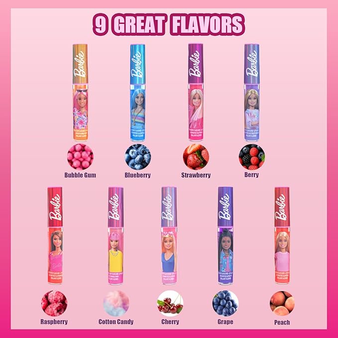 Townley Girl Barbie Lip Gloss with Acrylic Stand for Storage and Display, Plant Based Lip Gloss, Perfect for Parties, Sleepovers, Makeovers, Birthday Gift for Girls, Age 3