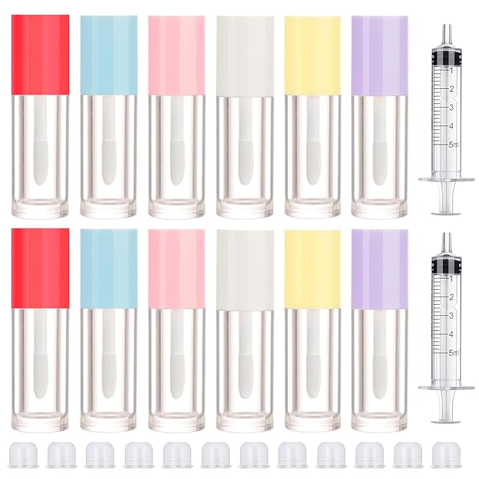 2.5ml 12 PCS Empty Lip Gloss Tubes with Wand Lip Gloss Containers Cute 0.08oz Clear Refillable Lipgloss Making Supplies Kit for DIY Makeup+ 2pcs Syringes