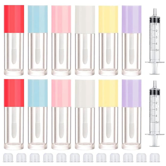 2.5ml 12 PCS Empty Lip Gloss Tubes with Wand Lip Gloss Containers Cute 0.08oz Clear Refillable Lipgloss Making Supplies Kit for DIY Makeup+ 2pcs Syringes