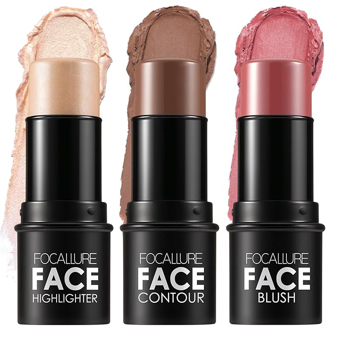 FOCALLURE 3 Pcs Cream Contour Sticks,Shades with Highlighter & Bronzer & Blush,Non-greasy Long-wear Face Contouring Pen,Easy to Sculpt the Face and Create a Lightweight Finishing Makeup,TAN
