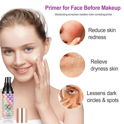 Primer for Face Before Makeup, SPF 50 Sunscreen Isolation Cream, One Step Color Correcting & Oil Control, Moisturizing, 3 In1 Color Corrector Primer Facial Serum, Radiance Skin