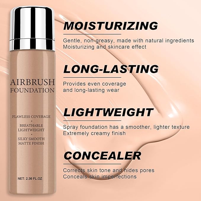 Airbrush Foundation Makeup Spray, Long-lasting Silky Mist Foundation Spray with Brush, Flawless Coverage Foundation for Smooth Radiant Skin, Formula Breathable Moisturizing Makeup (01 Natural)