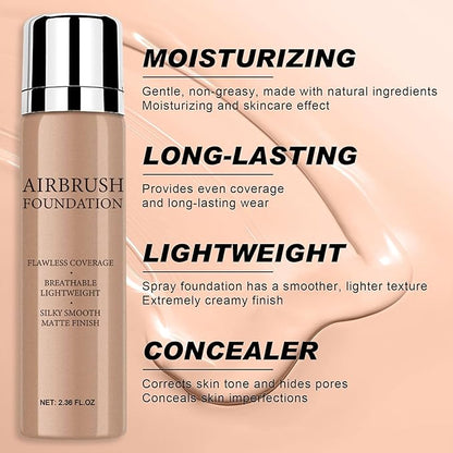 Airbrush Foundation Makeup Spray, Long-lasting Silky Mist Foundation Spray with Brush, Flawless Coverage Foundation for Smooth Radiant Skin, Formula Breathable Moisturizing Makeup (01 Natural)
