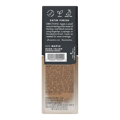 e.l.f. Flawless Satin Foundation, Lightweight & Medium Coverage, Semi-Matte Finish, Vegan & Cruelty-Free, Maple, 0.68 Fl Oz (20mL)