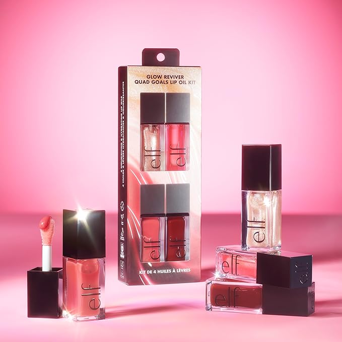e.l.f. Glow Reviver Quad Goals Lip Oil Kit, Lip Gloss For A High-Gloss Finish & Sheer Wash Of Color, Non-Sticky, Vegan & Cruelty-Free, 4 Glosses