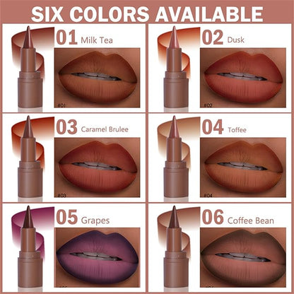 6 Colors 2 in 1 Gradient Lip Liner and Lipstick Lip Combo Set, Matte Nude Dark Brown Coffee Lip Liner Creamy Lip Pencil Crayon, High Pigmented Long lasting Lipstick Makeup Gifts for Women