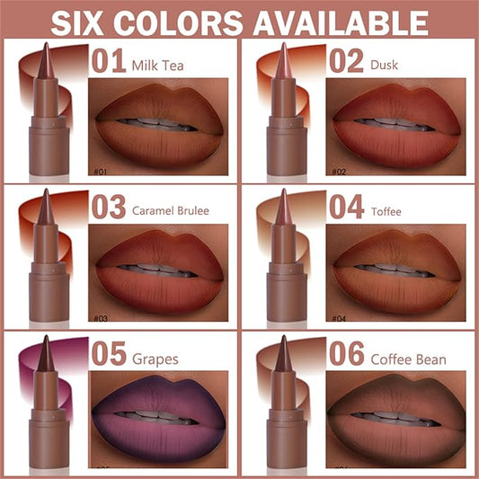 6 Colors 2 in 1 Gradient Lip Liner and Lipstick Lip Combo Set, Matte Nude Dark Brown Coffee Lip Liner Creamy Lip Pencil Crayon, High Pigmented Long lasting Lipstick Makeup Gifts for Women